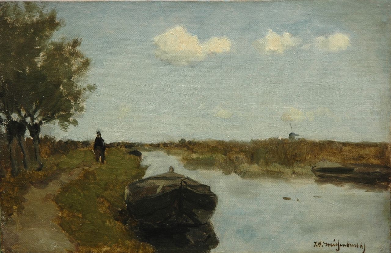 Weissenbruch H.J.  | Hendrik Johannes 'J.H.' Weissenbruch, A moored barge in a polder landscape, oil on canvas on board, laid down on panel 20.5 x 31.1 cm, signed l.r.