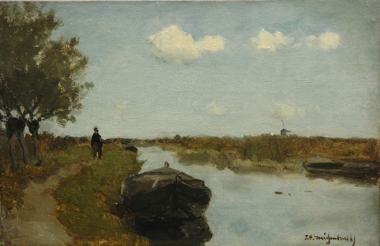 Weissenbruch H.J.  | Hendrik Johannes 'J.H.' Weissenbruch, A moored barge in a polder landscape, oil on canvas on board, laid down on panel 20.5 x 31.1 cm, signed l.r.