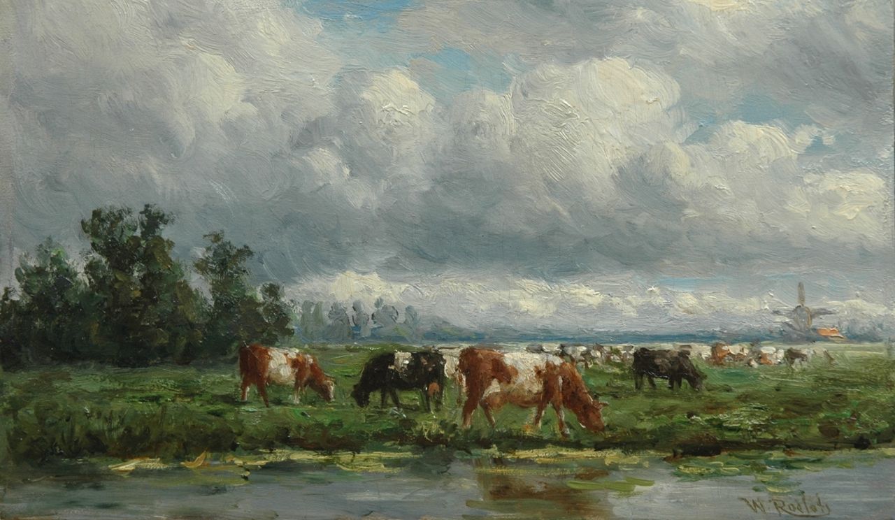 Roelofs W.  | Willem Roelofs, Cattle in a landscape, oil on panel 15.0 x 25.0 cm, signed l.r.