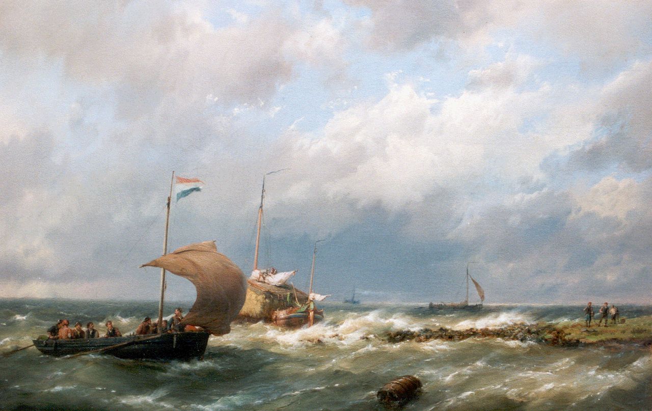 Koekkoek H.  | Hermanus Koekkoek, Vessels on a breezy day, oil on canvas 36.5 x 58.2 cm, signed l.r.