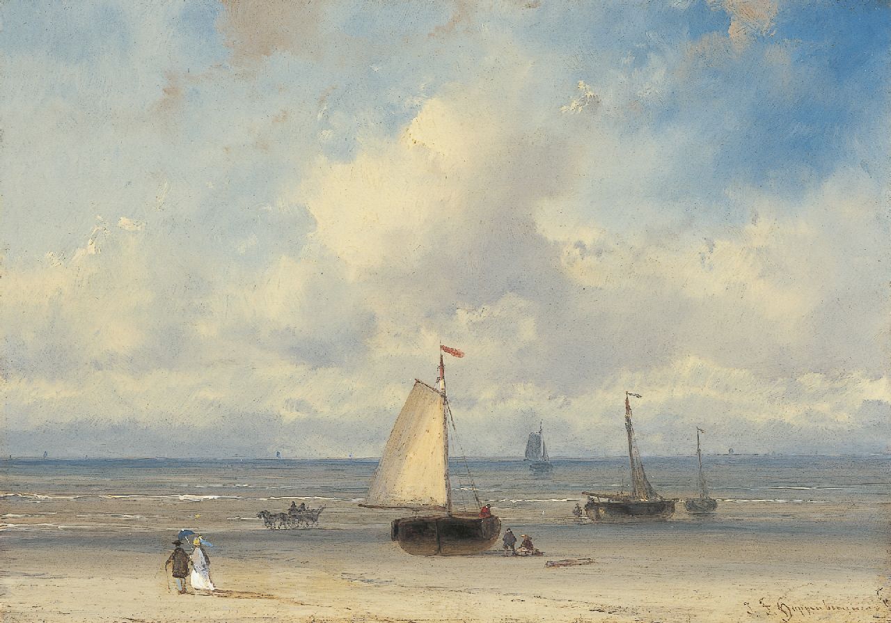 Hoppenbrouwers J.F.  | Johannes Franciscus Hoppenbrouwers, Elegant figures on the beach with 'bomschuiten' beyond, oil on panel 16.1 x 22.8 cm, signed l.r.