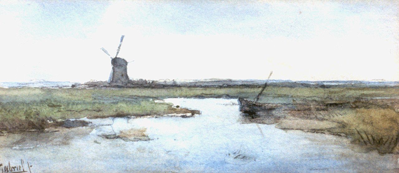Gabriel P.J.C.  | Paul Joseph Constantin 'Constan(t)' Gabriel, A polder landscape with windmill, watercolour on paper 7.5 x 16.5 cm, signed l.l. and painted circa 1899
