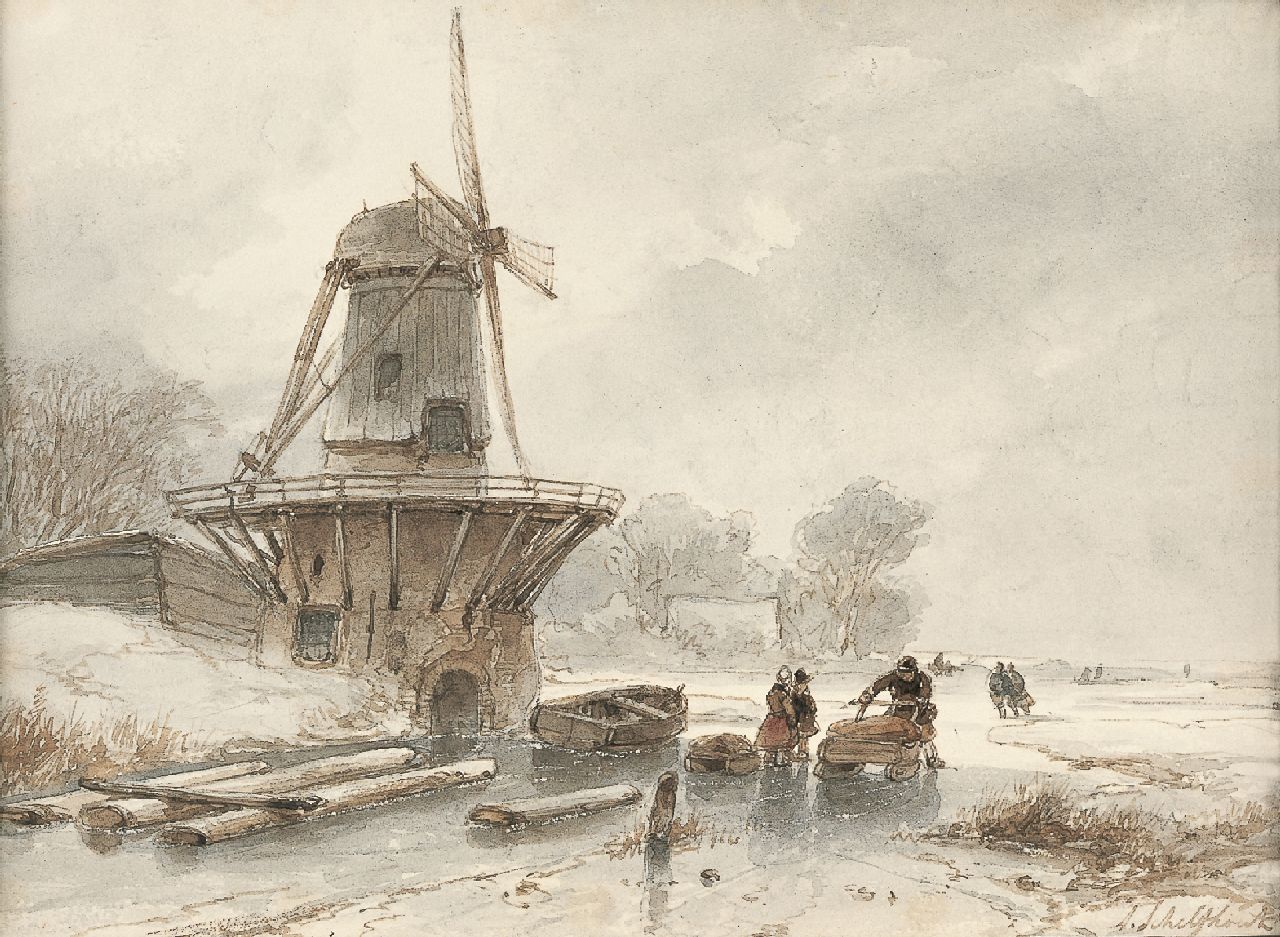 Schelfhout A.  | Andreas Schelfhout, A winter landscape with skaters on the ice, watercolour on paper 15.0 x 20.0 cm, signed l.r.