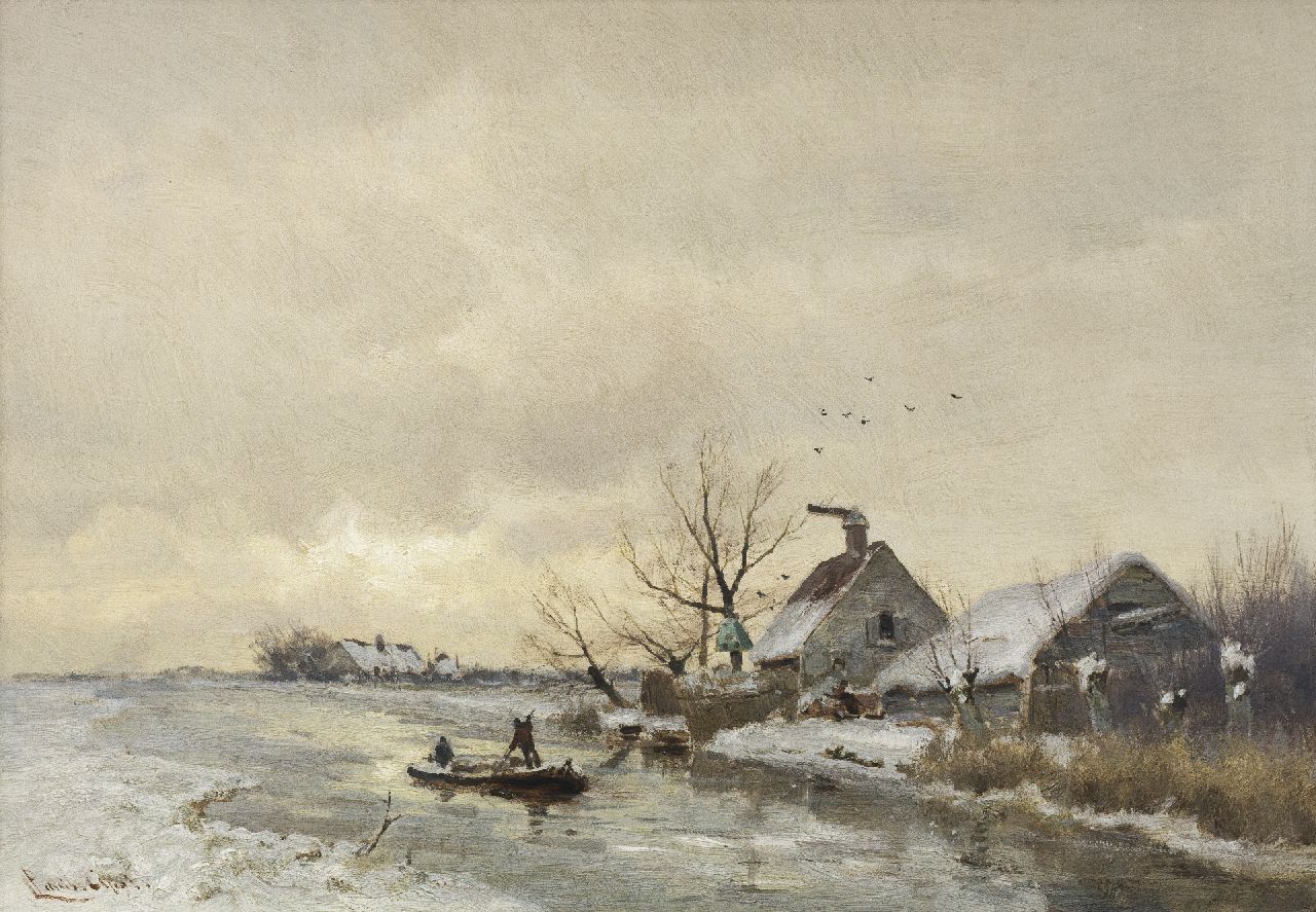 Apol L.F.H.  | Lodewijk Franciscus Hendrik 'Louis' Apol, A view of a polder canal in winter, oil on panel 29.1 x 41.5 cm, signed l.l.