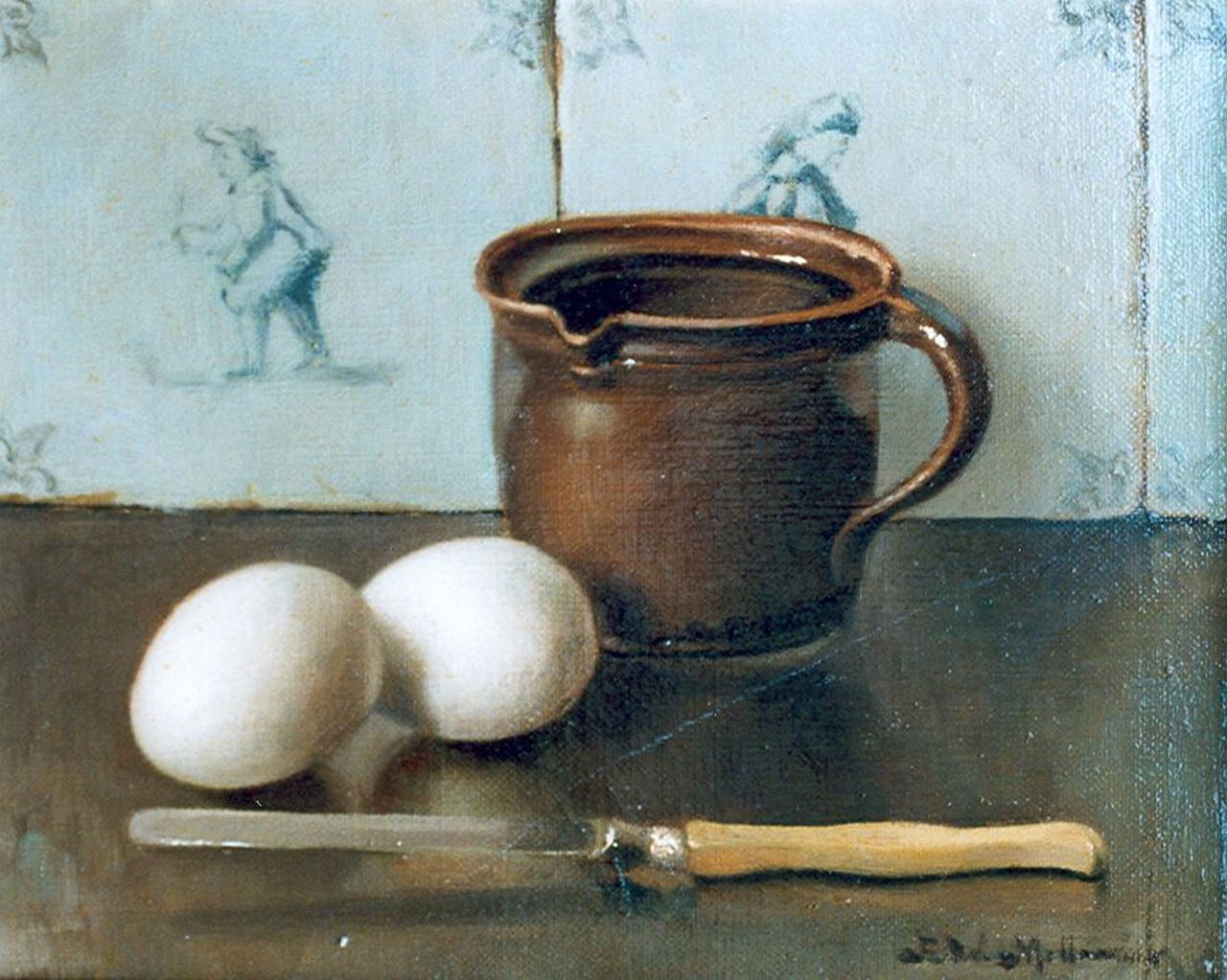 Millenaar P.W.  | Pieter Wilhelm Millenaar, A still life with eggs and a knife, oil on canvas 20.2 x 25.2 cm, signed l.r.