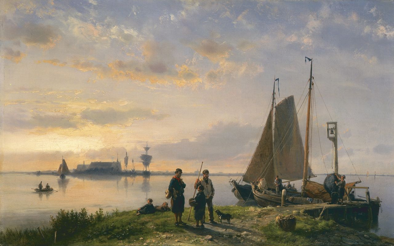Koekkoek H.  | Hermanus Koekkoek, Avondstemming met vissers op de oever, oil on canvas 36.7 x 58.4 cm, gesigneerd rechtsonder