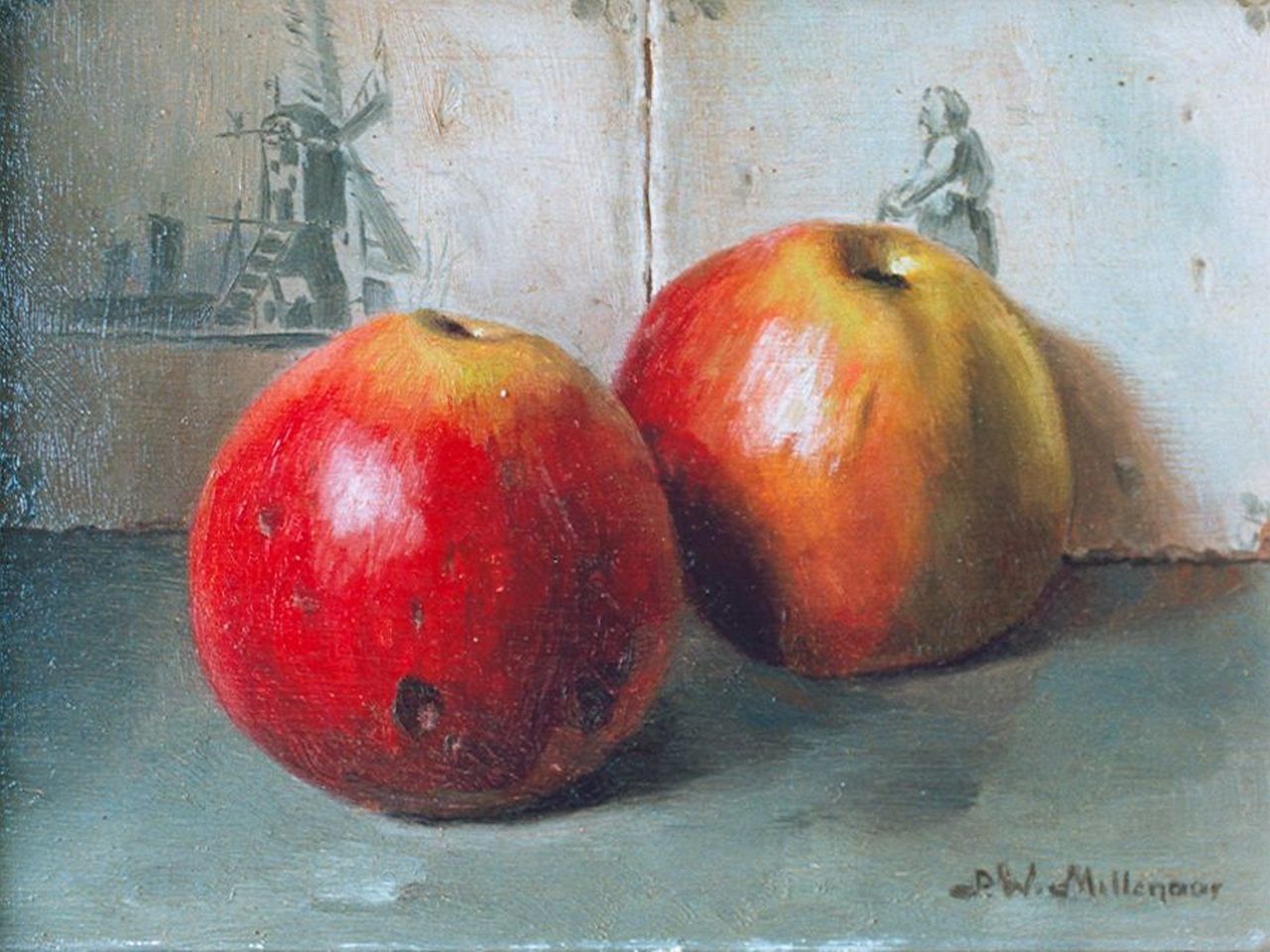 Millenaar P.W.  | Pieter Wilhelm Millenaar, Two apples, oil on panel 18.3 x 24.2 cm, signed l.r.