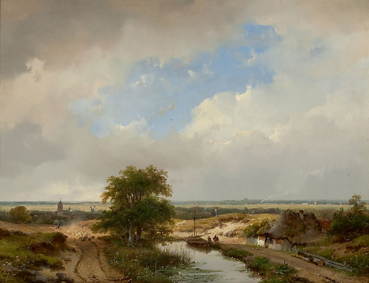 Schelfhout A.  | Andreas Schelfhout, A dune landscape with Haarlem in the distance and a steam train, oil on panel 31.6 x 41.1 cm, signed l.r. and painted 1847