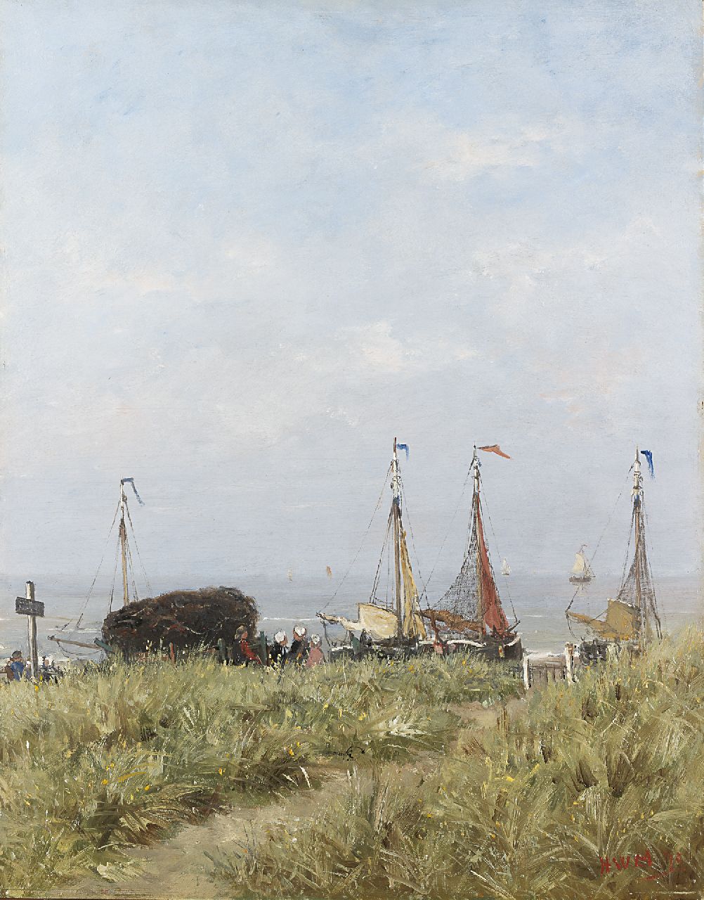 Mesdag H.W.  | Hendrik Willem Mesdag, Fisherfolk and 'bomschuiten' behind the dunes, oil on panel 50.5 x 39.5 cm, signed l.r. with initials and dated '75
