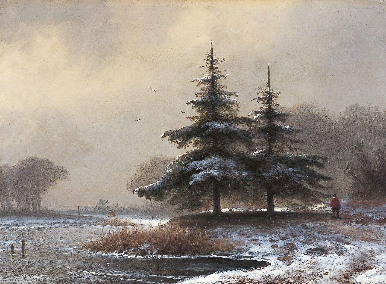 Hoppenbrouwers J.F.  | Johannes Franciscus Hoppenbrouwers, A snow-covered landscape, oil on panel 21.5 x 29.0 cm, signed l.l.