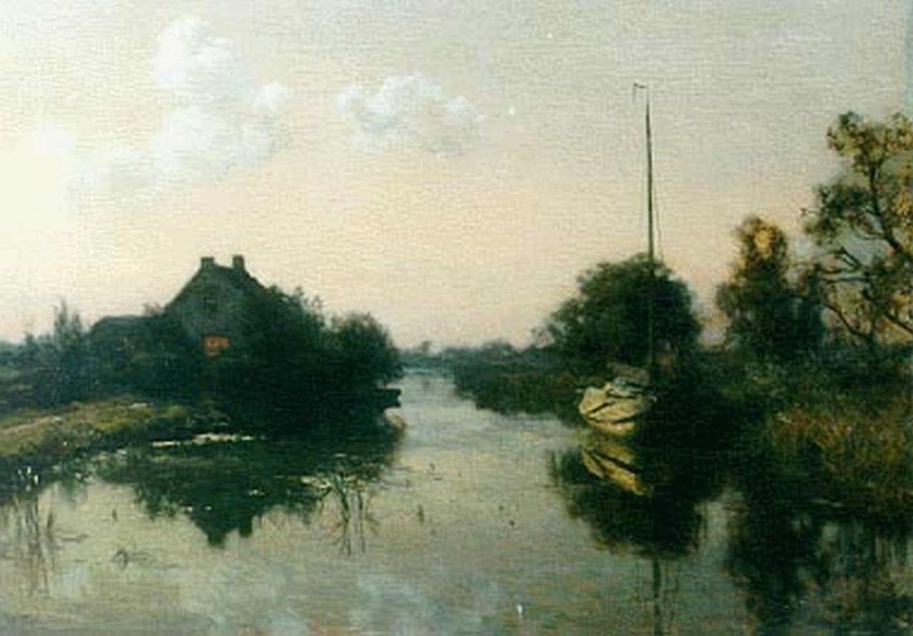 Tholen W.B.  | Willem Bastiaan Tholen, Evening twilight with a moored boat, the 'Eudia', oil on canvas 71.2 x 102.3 cm, signed l.l.