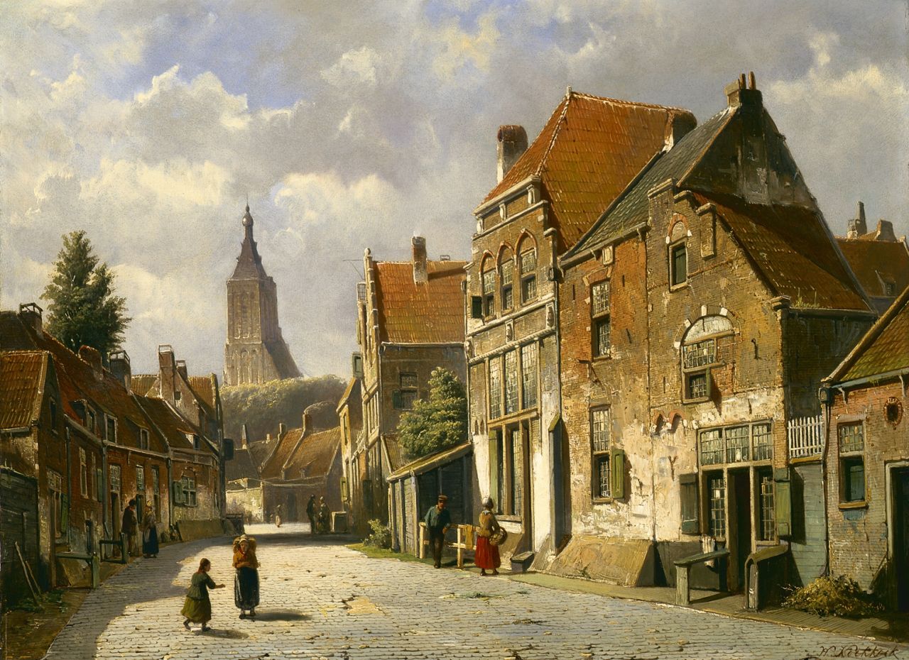 Koekkoek W.  | Willem Koekkoek, A sunlit street in a Dutch town, oil on panel 47.8 x 65.0 cm, signed l.r.