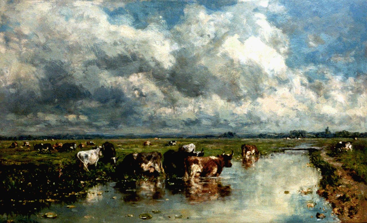 Roelofs W.  | Willem Roelofs, Polder landscape with cows, oil on canvas 49.5 x 80.0 cm, signed l.l.