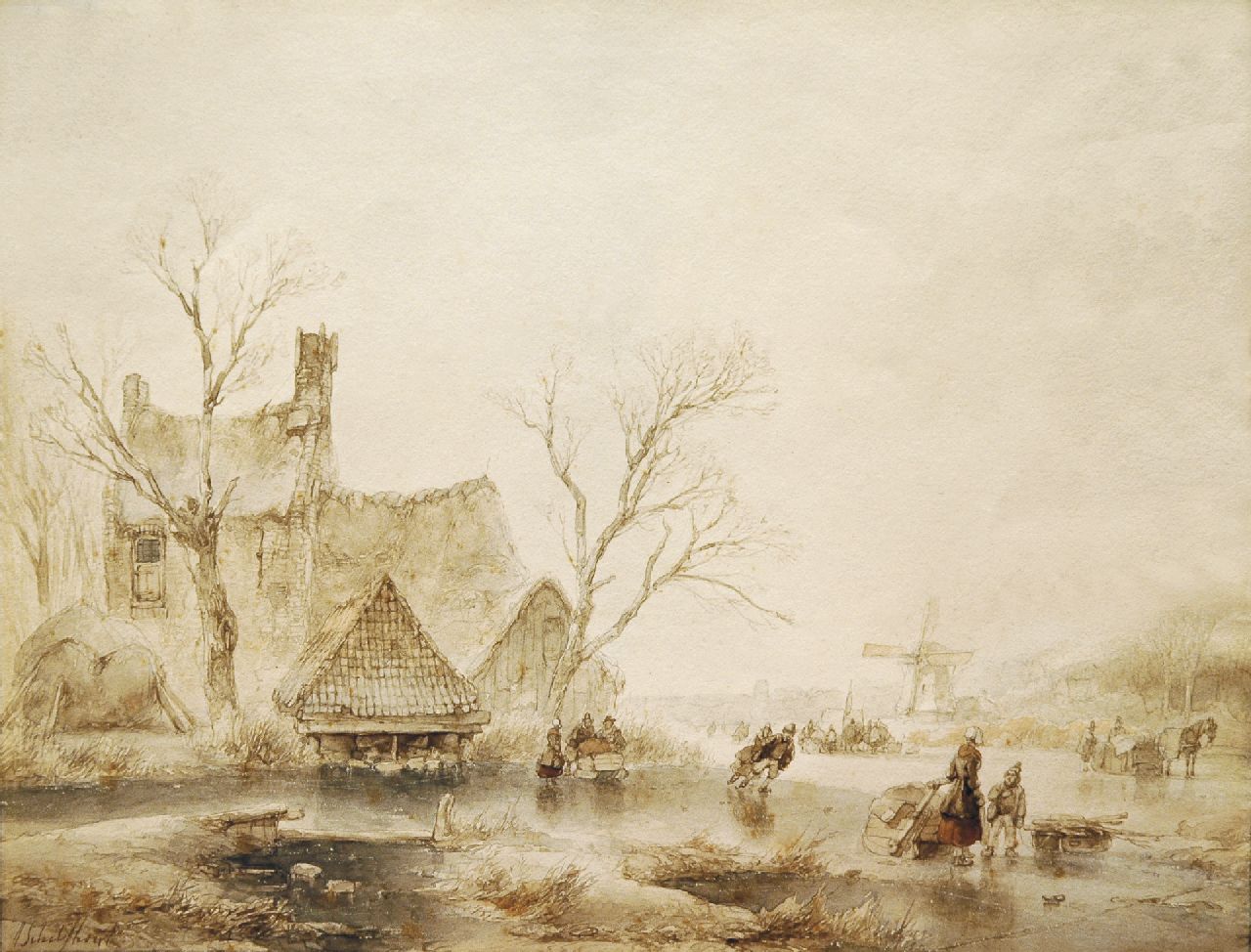 Schelfhout A.  | Andreas Schelfhout, Skaters in a winter landscape, pencil, brush in brown ink and black ink on paper 24.5 x 30.2 cm, signed l.l.