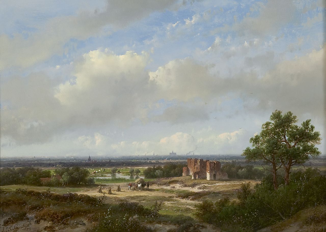 Schelfhout A.  | Andreas Schelfhout, Panoramic landscape with Haarlem and the ruins of Brederode in the distance, oil on panel 28.4 x 39.1 cm, signed l.l. and painted '55