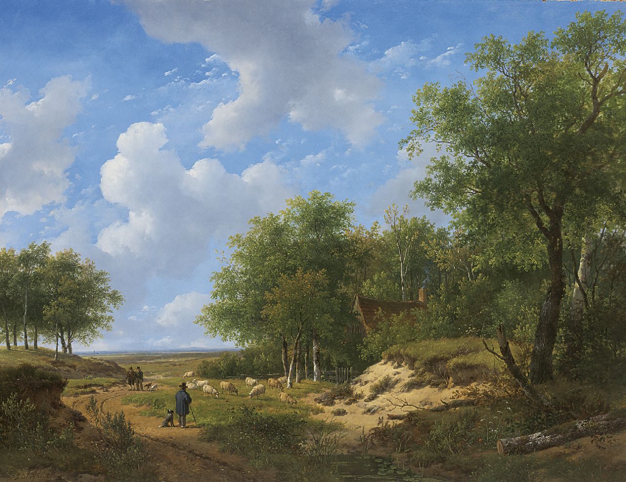 Schelfhout A.  | Andreas Schelfhout, Heathland with a shepherd and his flock, oil on panel 53.1 x 68.9 cm, signed l.l.