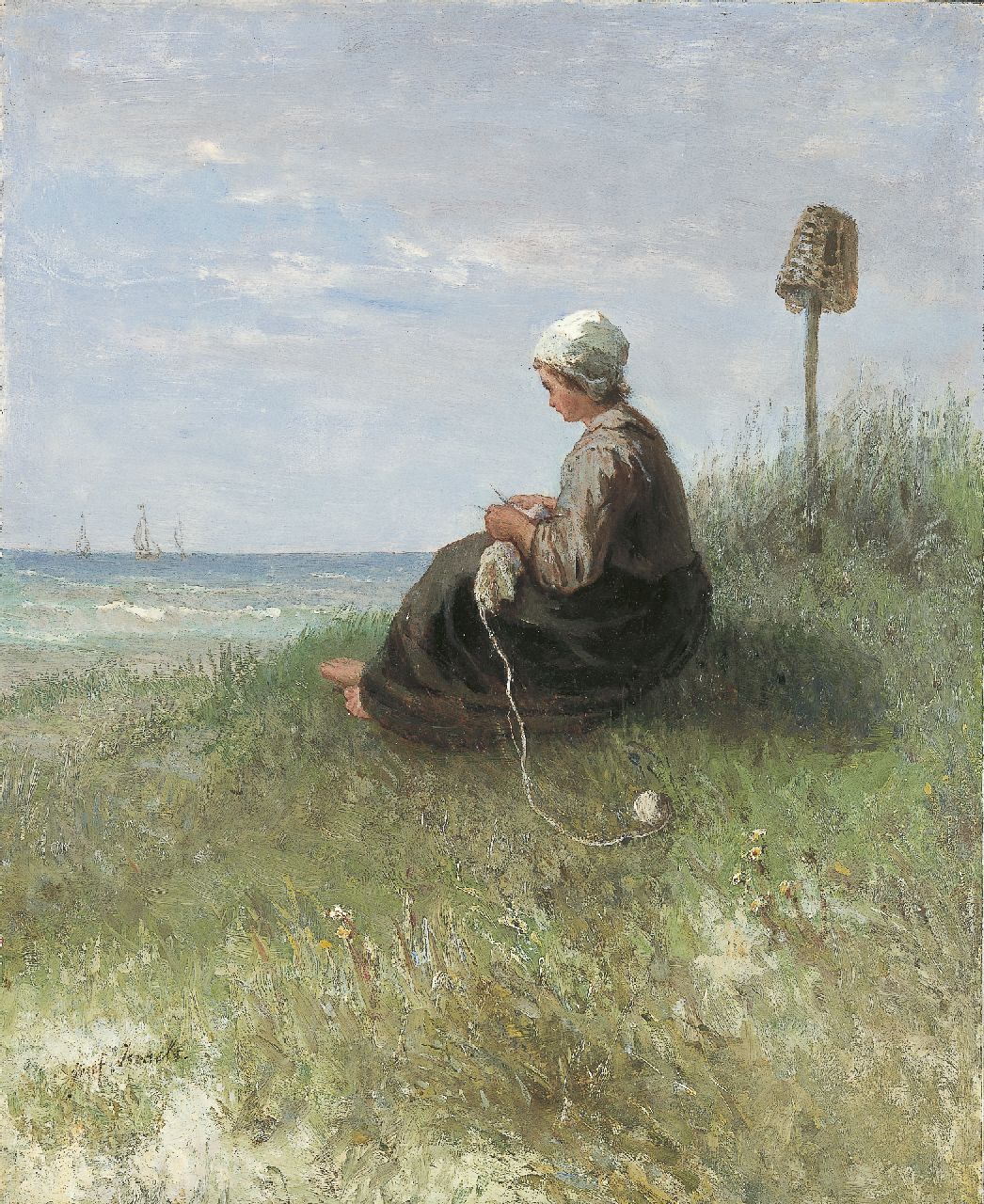 Israëls J.  | Jozef Israëls, A girl knitting in the dunes, oil on panel 44.2 x 36.1 cm, signed l.l.