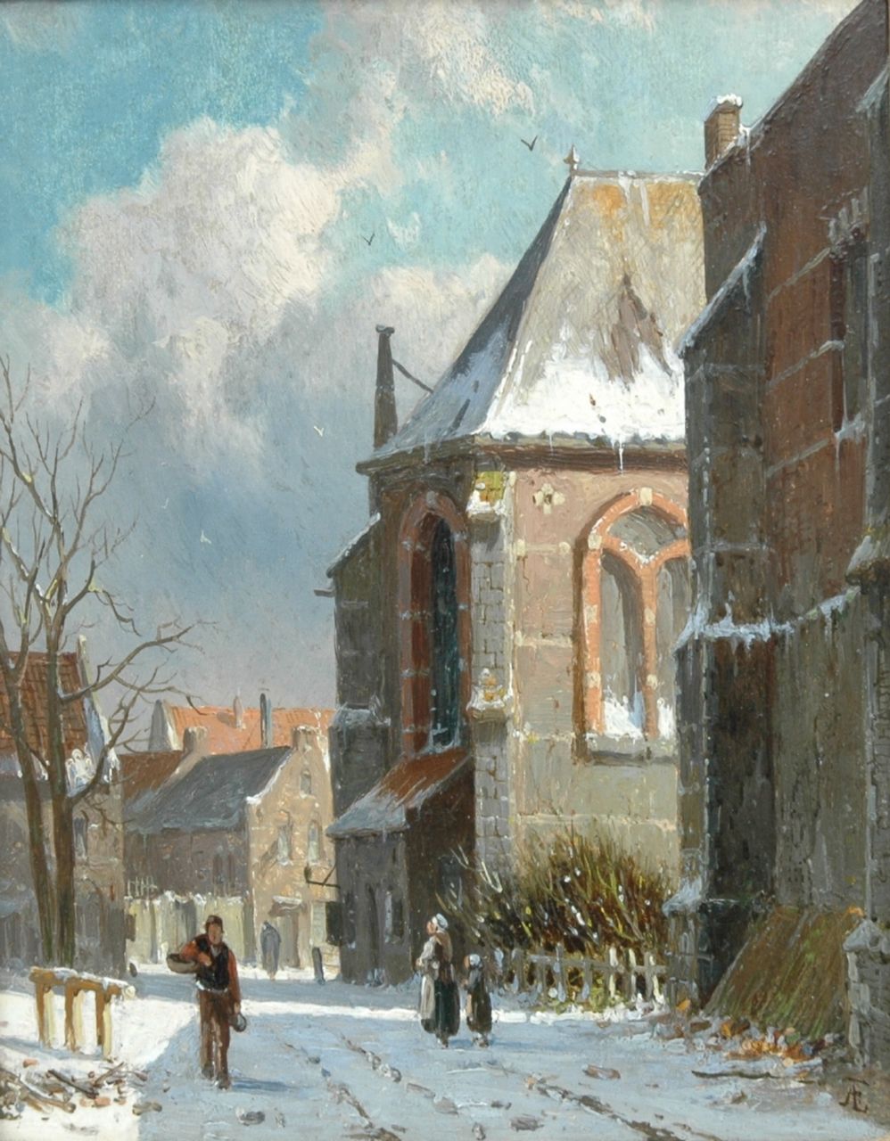 Eversen A.  | Adrianus Eversen, A snowy street, oil on panel 19.0 x 14.4 cm, signed l.r. with monogram