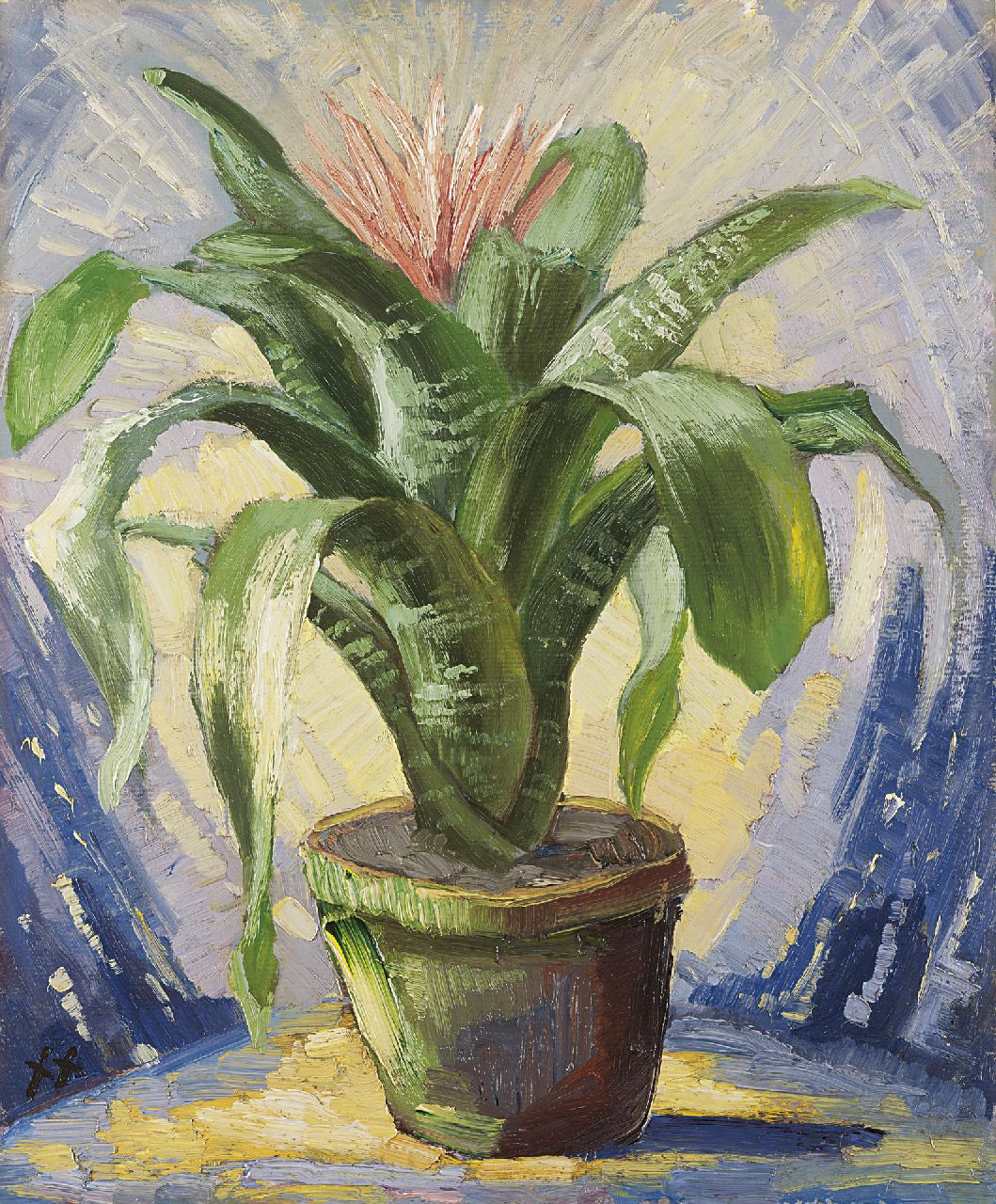 Kruysen J.  | Johannes 'Jan' Kruysen | Paintings offered for sale | Bromelia in an earthenware pot, oil on painter's board 45.8 x 37.8 cm, signed l.l. with monogram
