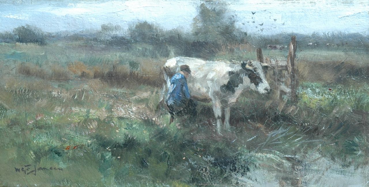 Jansen W.G.F.  | 'Willem' George Frederik Jansen, A farmer milking a cow, oil on canvas 20.5 x 40.2 cm, signed l.l.