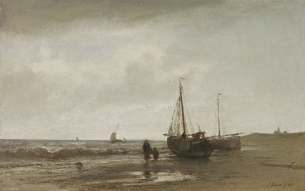 Maris J.H.  | Jacobus Hendricus 'Jacob' Maris, Walking along the beach, oil on canvas 21.2 x 33.3 cm, signed l.r. and dated 1871