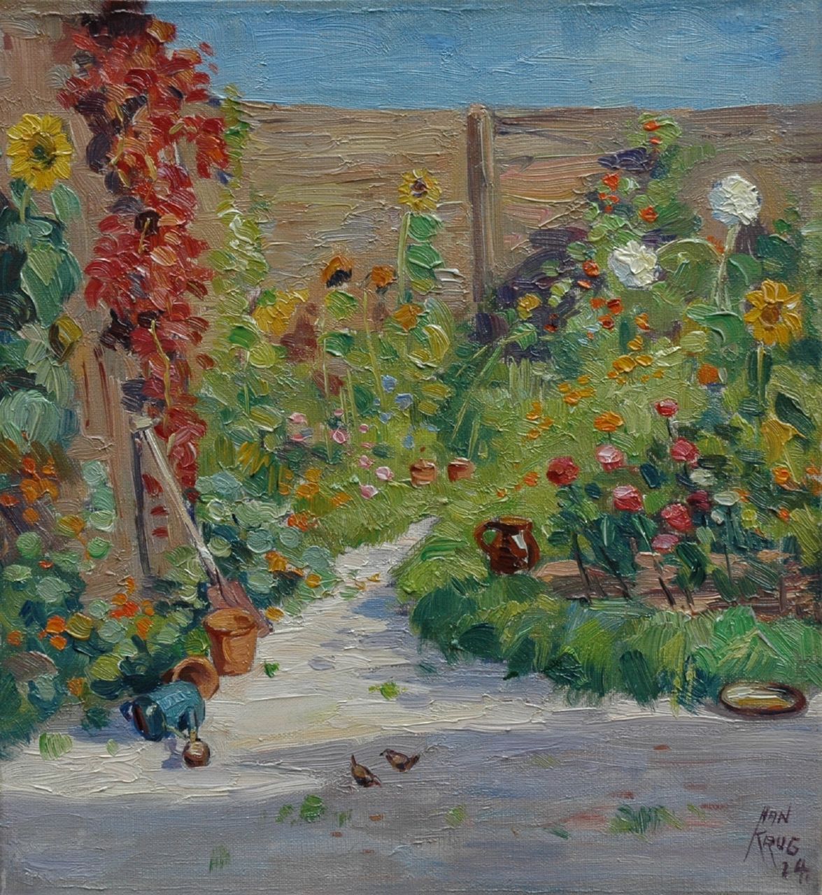 Krug J.  | Johannes 'Han' Krug, Flowering garden, 'Begoniastraat', The Hague, oil on canvas 33.0 x 30.3 cm, signed l.r. and dated '24