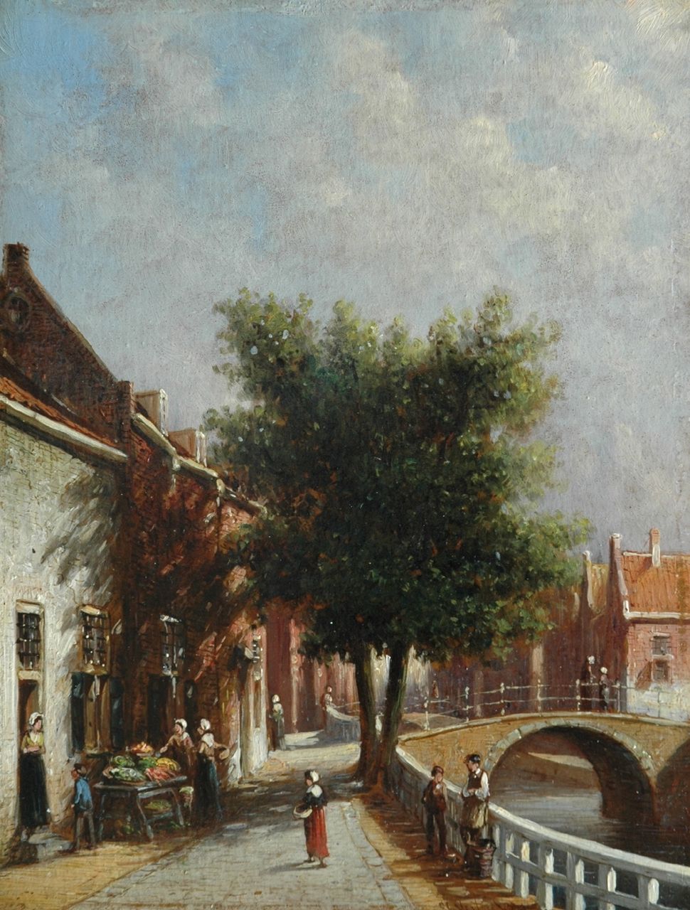 Vertin P.G.  | Petrus Gerardus Vertin, A town view with vegetable stall, oil on panel 25.0 x 19.0 cm, signed r.c.