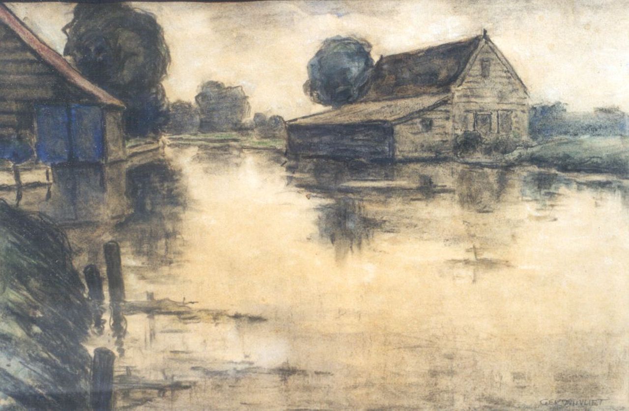 Vliet G.M.J. van | Gerardus Maria Joseph 'Ger' van Vliet, Boathouses, black chalk and watercolour on paper, signed l.r.