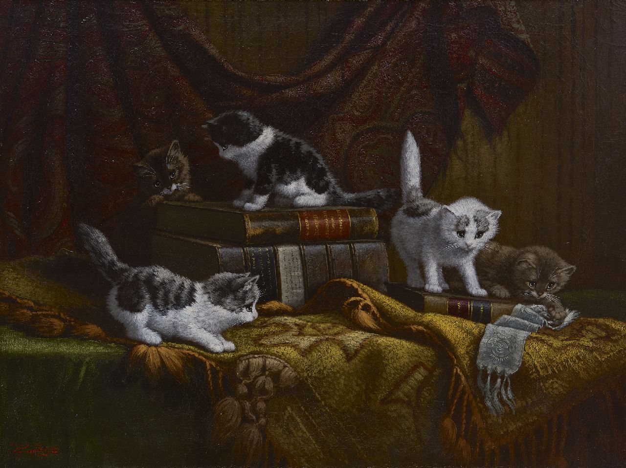 Raaphorst C.  | Cornelis Raaphorst, Kittens playing around valuable books, oil on canvas 60.2 x 80.0 cm, signed l.l.