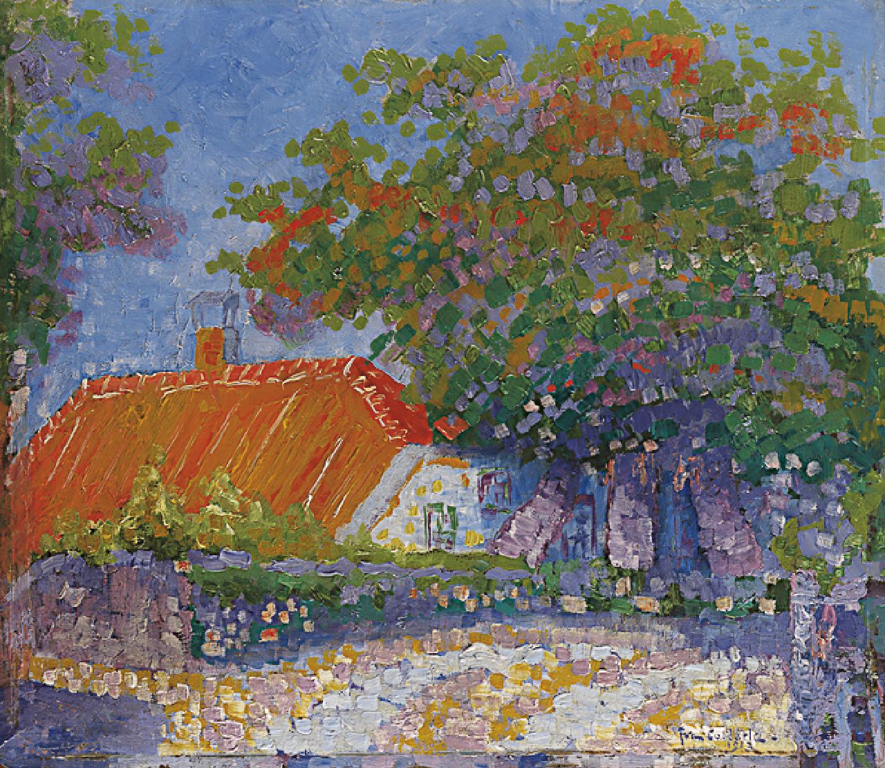 Collette J.N.C.  | Johan Nicolaas Coenraad 'Joan' Collette, A farm in summer, oil on painter's board 28.0 x 31.9 cm, signed l.r. and dated 1912