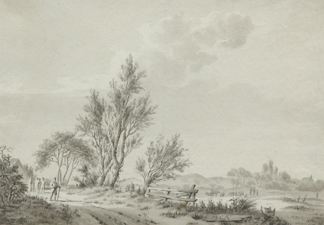 Koekkoek B.C.  | Barend Cornelis Koekkoek, Summer landscape with travellers, pen and washed ink on paper 14.0 x 19.9 cm, signed c.r.