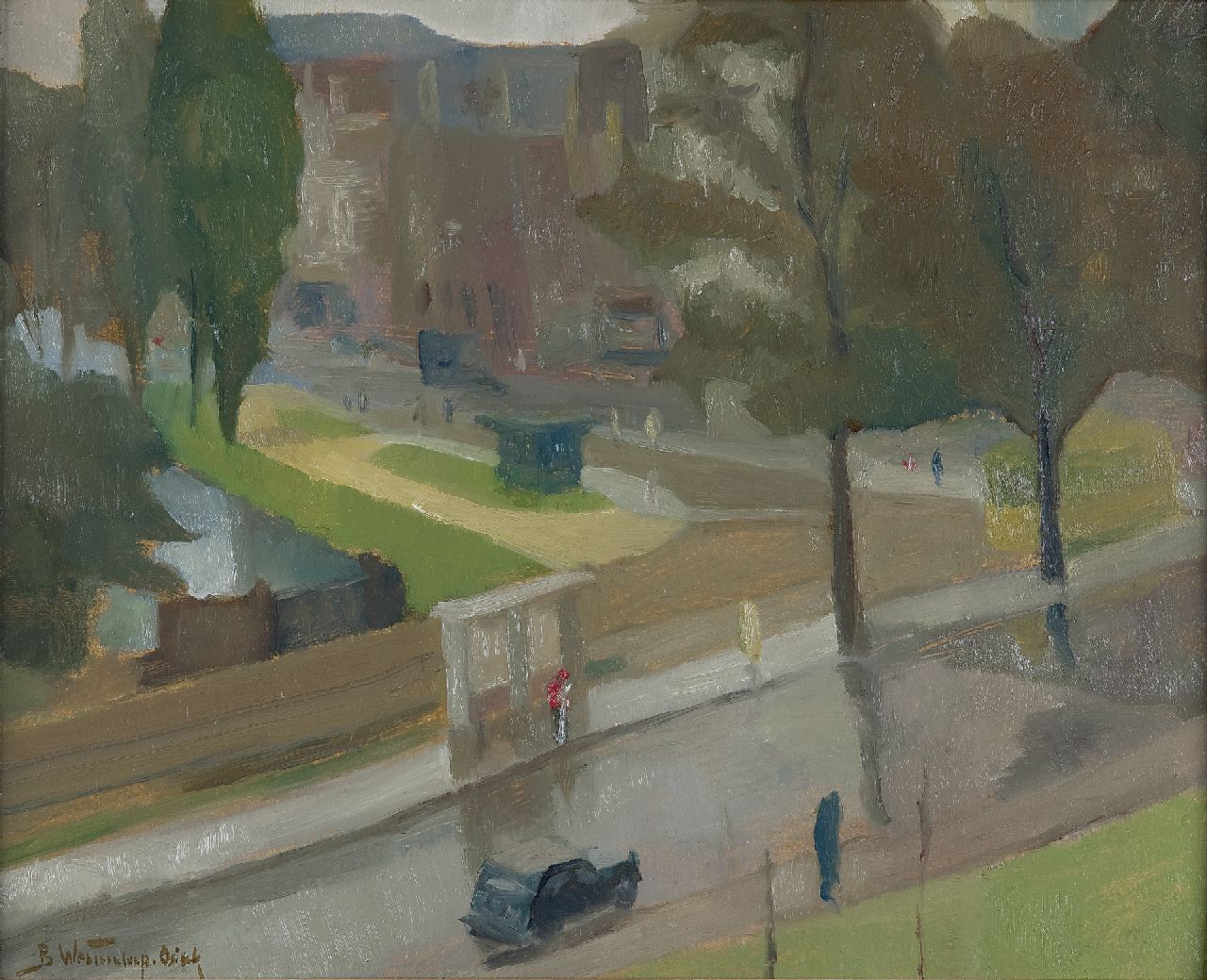 Westendorp-Osieck J.E.  | Johanna Elisabeth 'Betsy' Westendorp-Osieck, The Valeriusplein in Amsterdam (as seen from the painter's studio), oil on board 40.4 x 50.5 cm, signed l.l.
