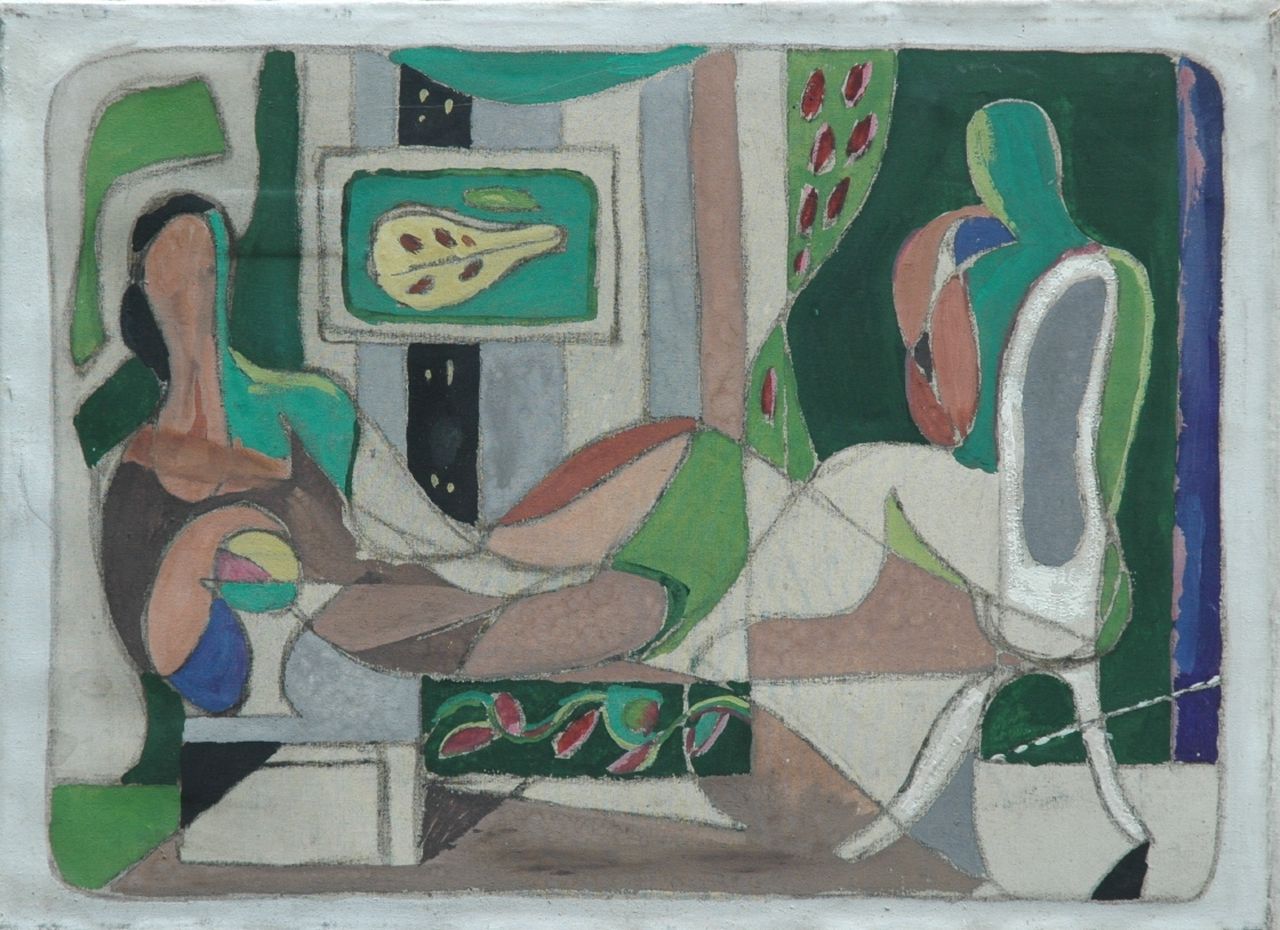 Voskuyl J.  | Jan 'Jeroen' Voskuyl, Interior with two figures, gouache on canvas 34.2 x 47.2 cm, signed on the reverse and dated 1942 on the reverse