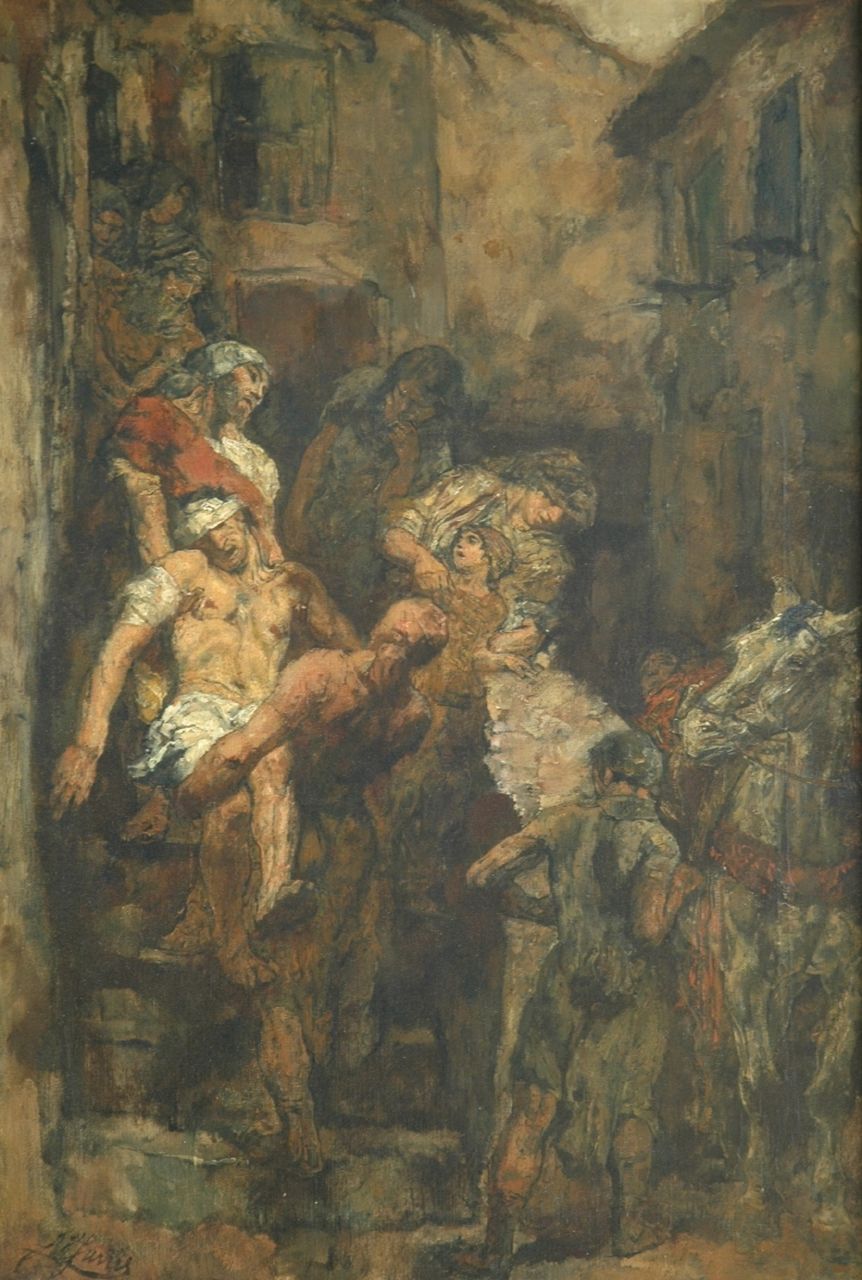 Jurres J.H.  | Johannes Hendricus Jurres, The good Samaritan, oil on canvas 65.3 x 44.8 cm, signed l.l.