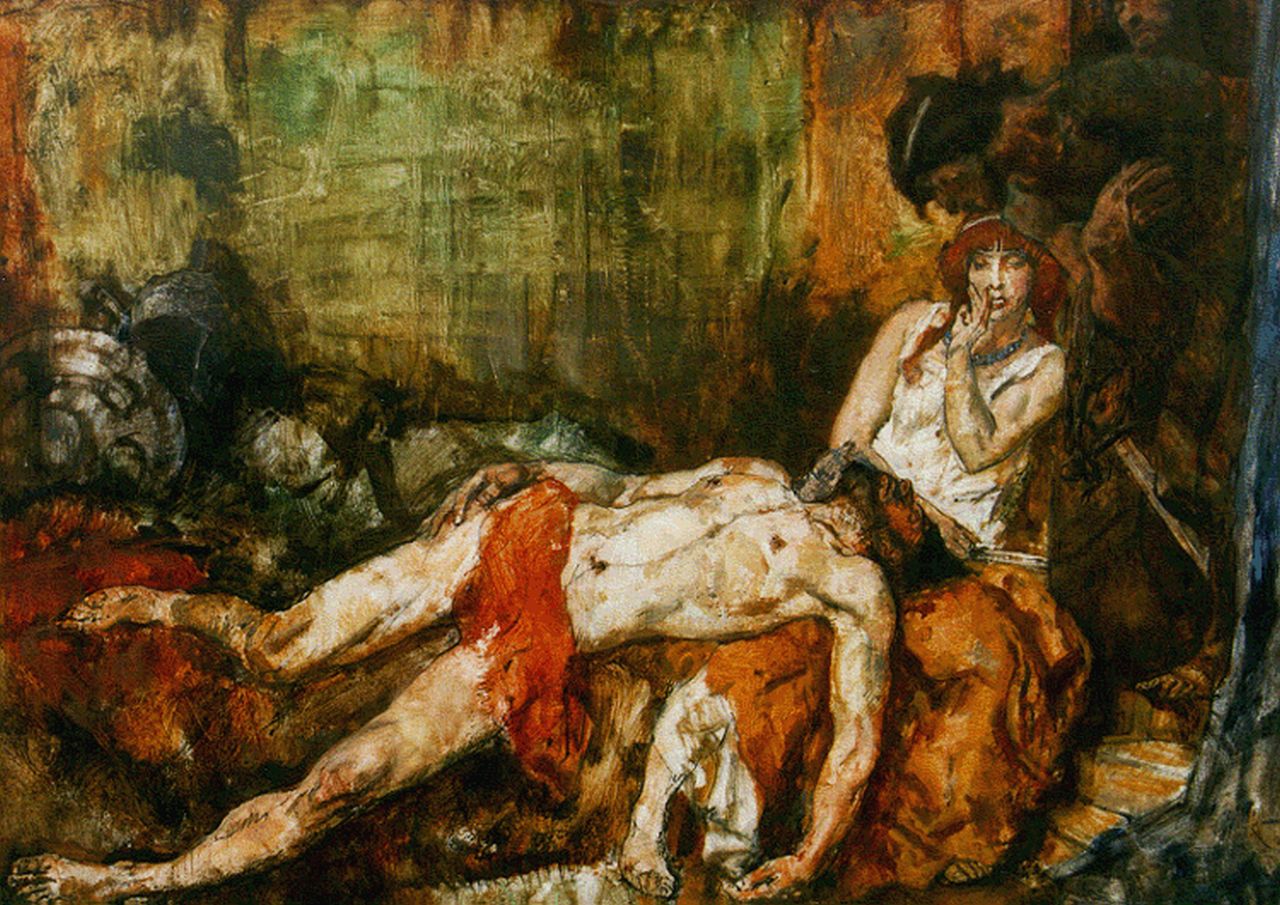 Jurres J.H.  | Johannes Hendricus Jurres, Samson en Delilah, oil on canvas 75.3 x 100.2 cm, gesigneerd linksboven