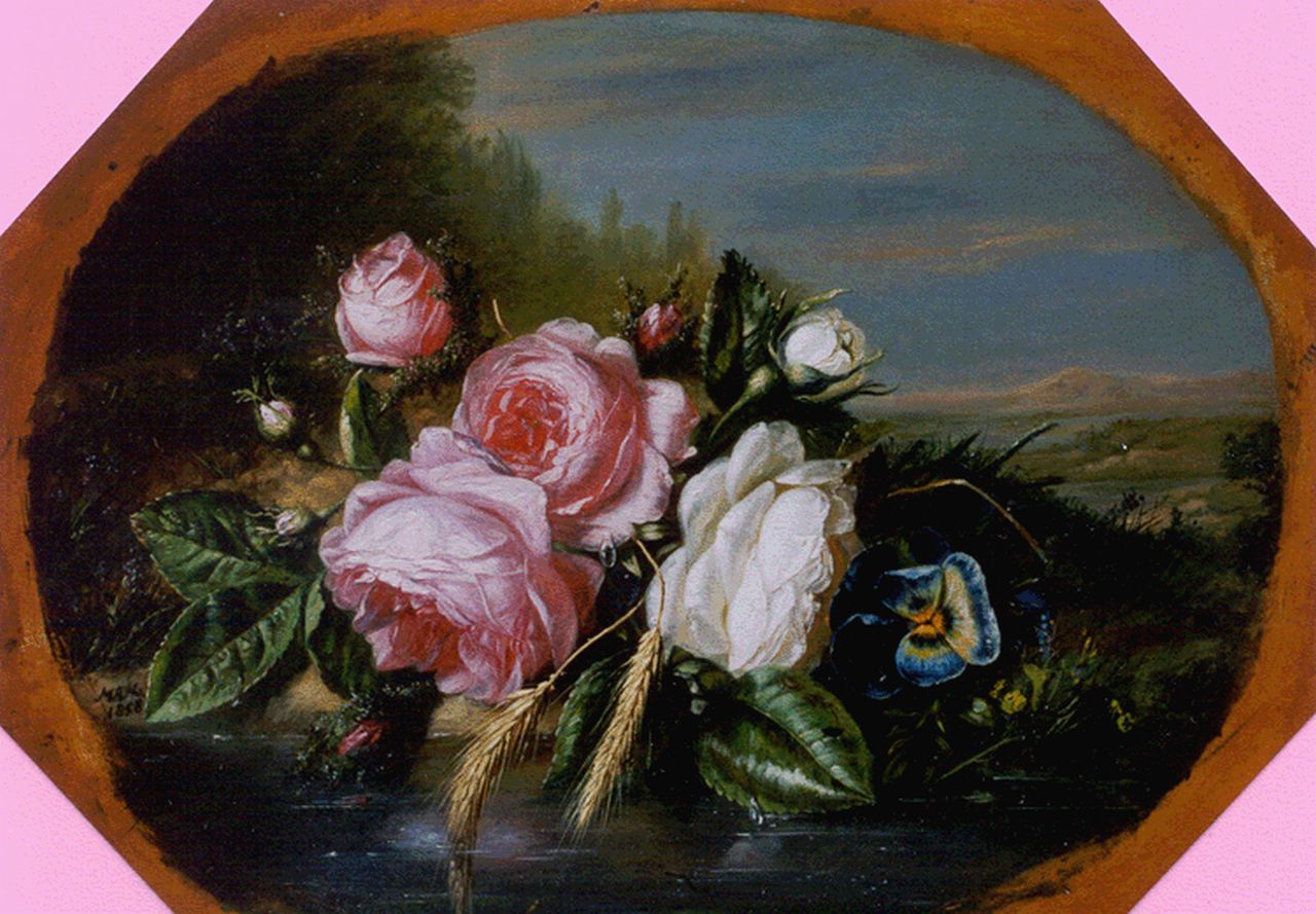 Hamburger H.A.  | Helen Augusta 'Hélène' Hamburger, A Still Life with Roses, oil on panel 29.4 x 40.0 cm, signed with the initials l.m. and dated 1858