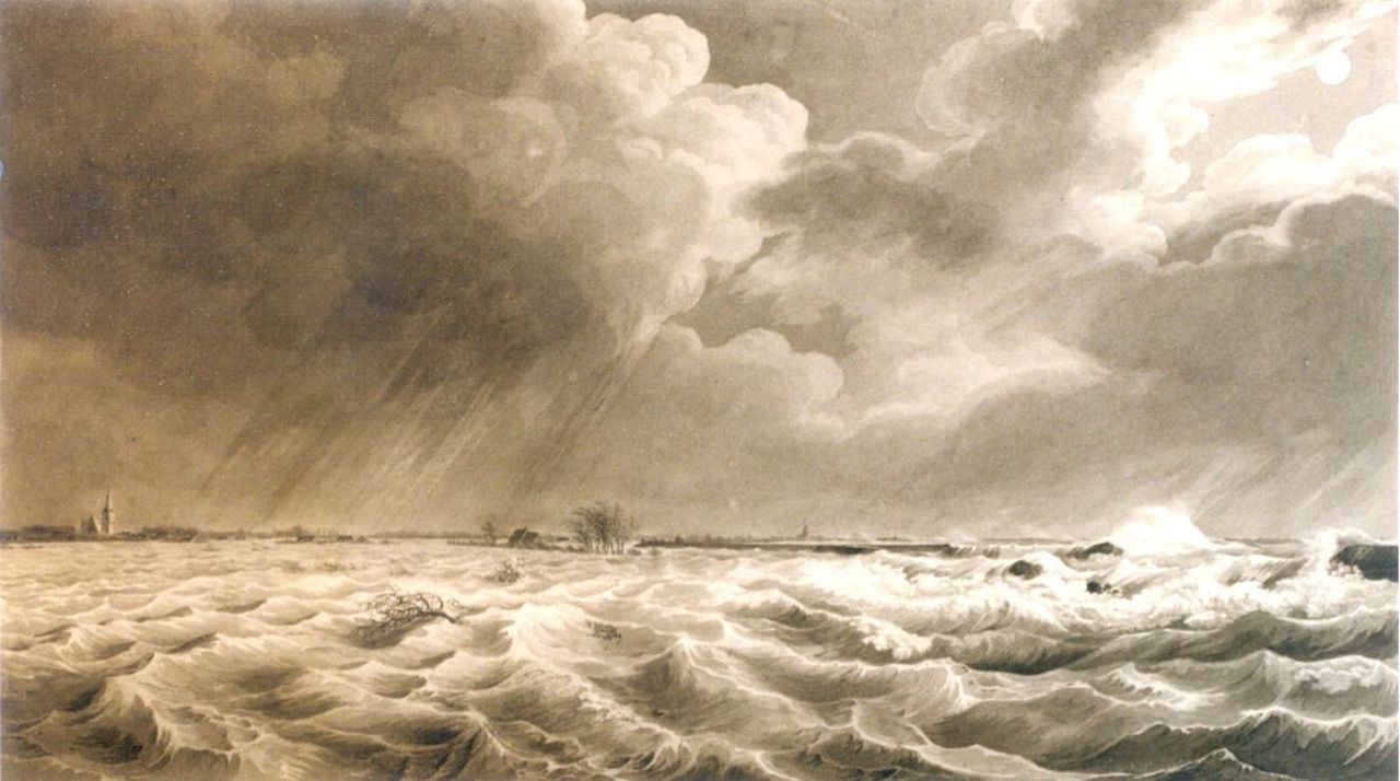 Koekkoek J.H.  | Johannes Hermanus Koekkoek, The January 14th and 15th floods in Zeeland, 1808, pen and washed ink on paper 22.5 x 38.3 cm