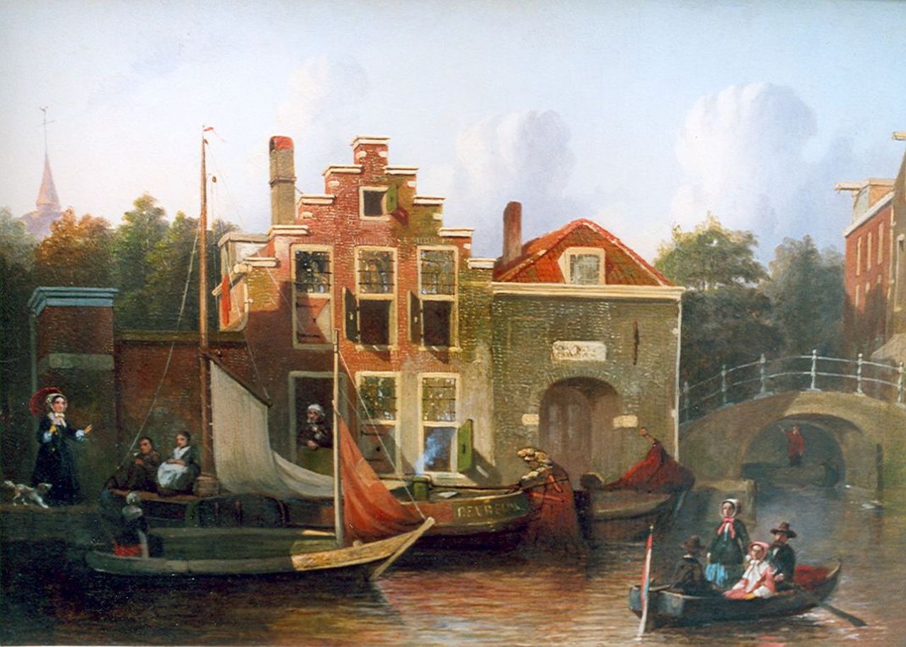 Bles J.  | Joseph Bles, Shipping in a city canal, oil on panel 27.0 x 38.5 cm, signed l.l.