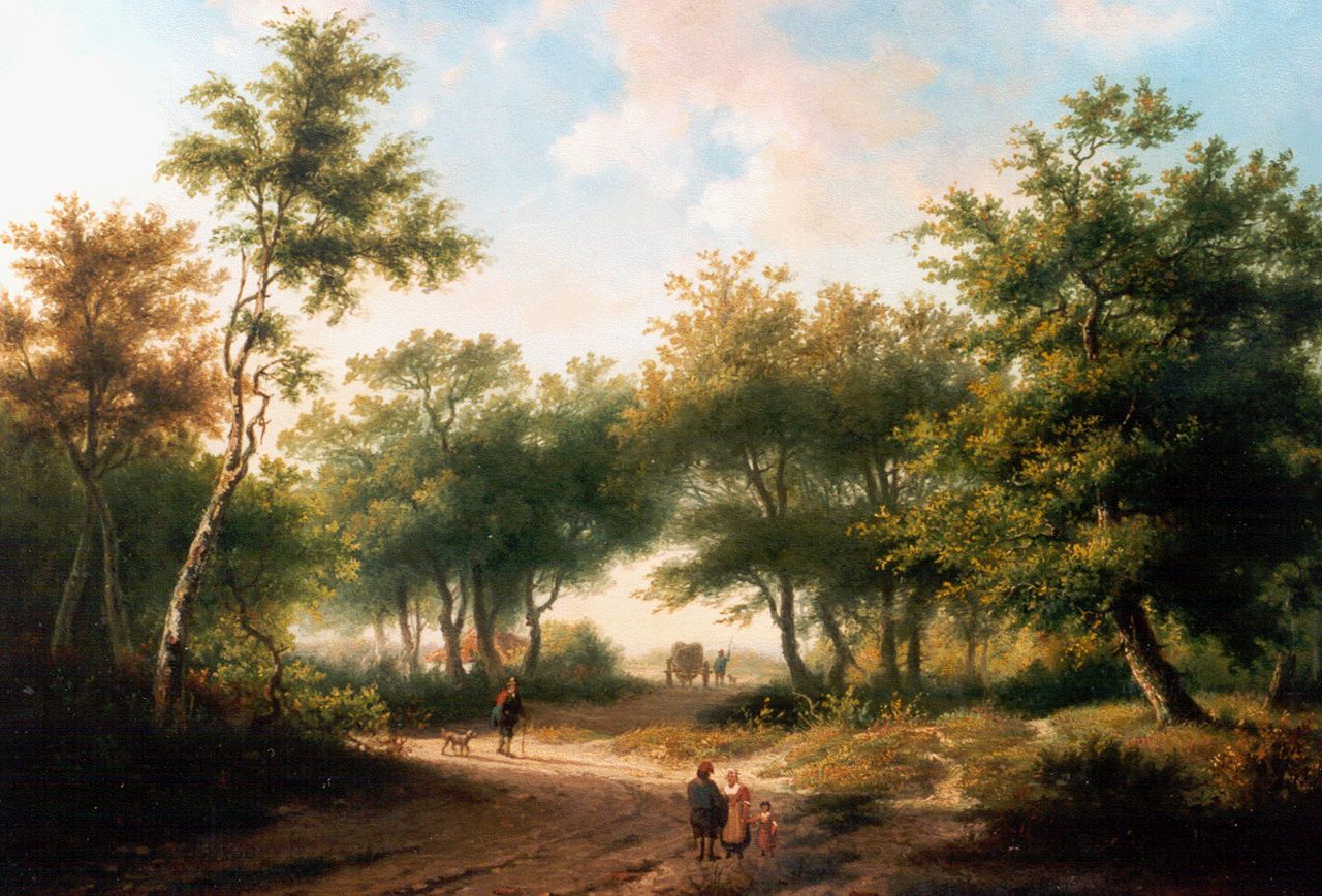 Koekkoek P.H.  | Pieter Hendrik 'H.P.' Koekkoek, Figures on a forest path, oil on panel 34.7 x 48.7 cm, signed l.l.