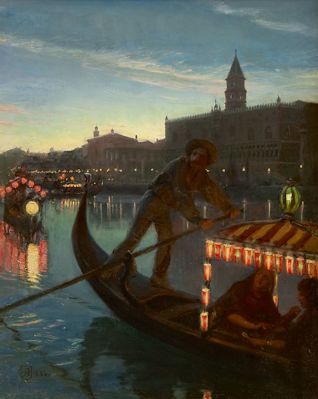 Jerndorff A.A.  | August Andreas Jerndorff | Paintings offered for sale | A gondola in front of the Doge's Palace in Venice, at night, oil on canvas 41.0 x 33.0 cm, signed l.l. with monogram and dated 1886