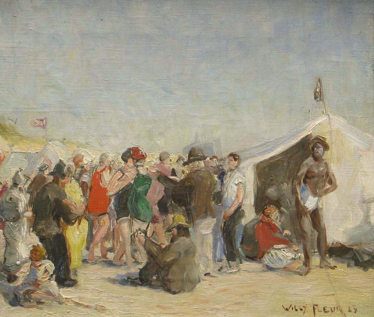 Fleur J.W.  | Johan Willem 'Willy' Fleur, A party at the beach, oil on canvas 30.1 x 35.2 cm, signed l.r. and dated '23