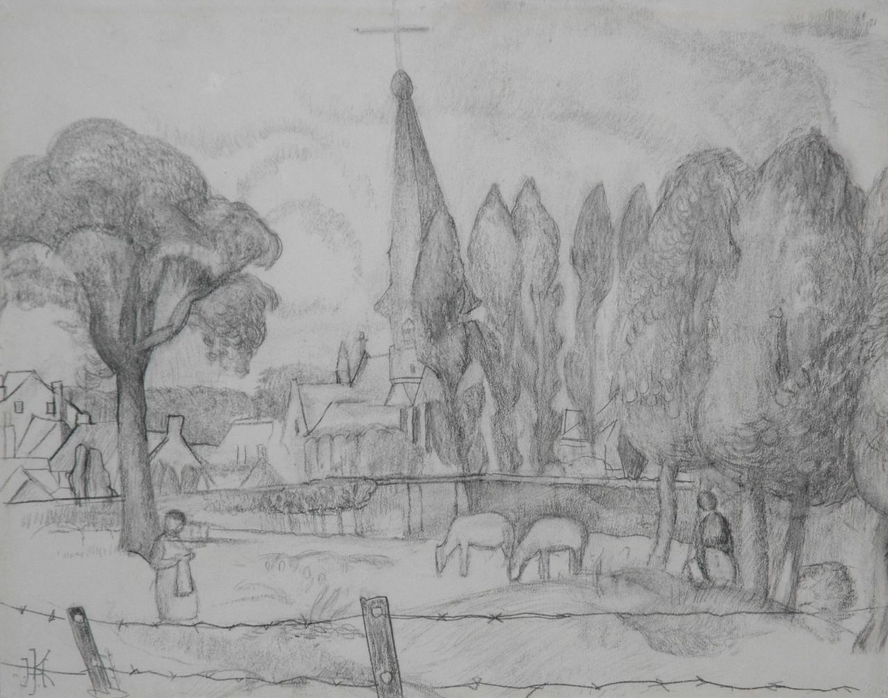 Kruyder H.J.  | 'Herman' Justus Kruyder, A Limburg landscape with a church tower, pencil on paper 26.0 x 32.8 cm, signed l.l. with monogram and painted in 1923-1927