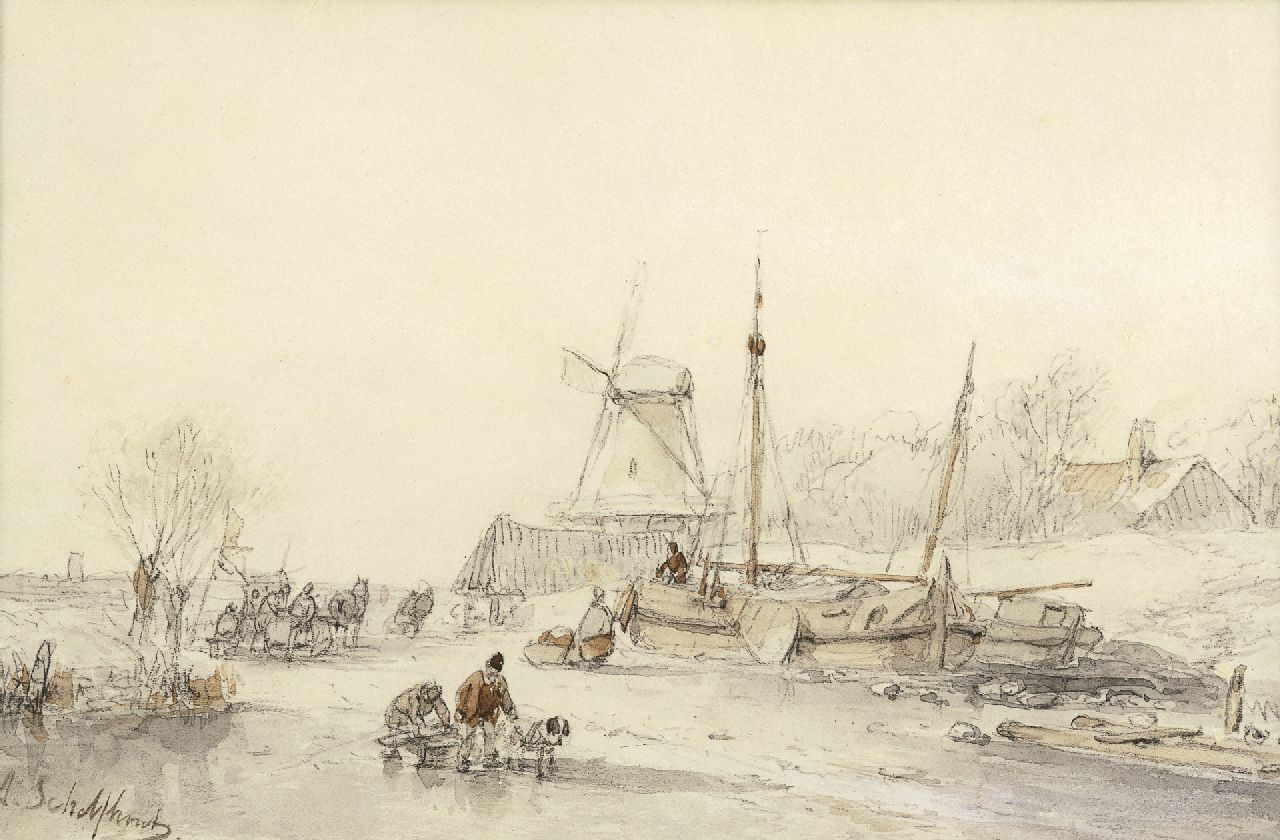 Schelfhout A.  | Andreas Schelfhout, A winter landscape with skaters on the ice, black chalk, washed ink and sepia on paper 16.7 x 24.8 cm, signed l.l. A.Sc[helfhout]