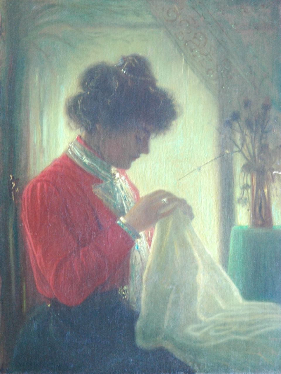 Pothast W.F.A.  | 'Willem' Frederik Alphons  Pothast, Embroideress, oil on canvas 45.0 x 34.3 cm, signed l.l.