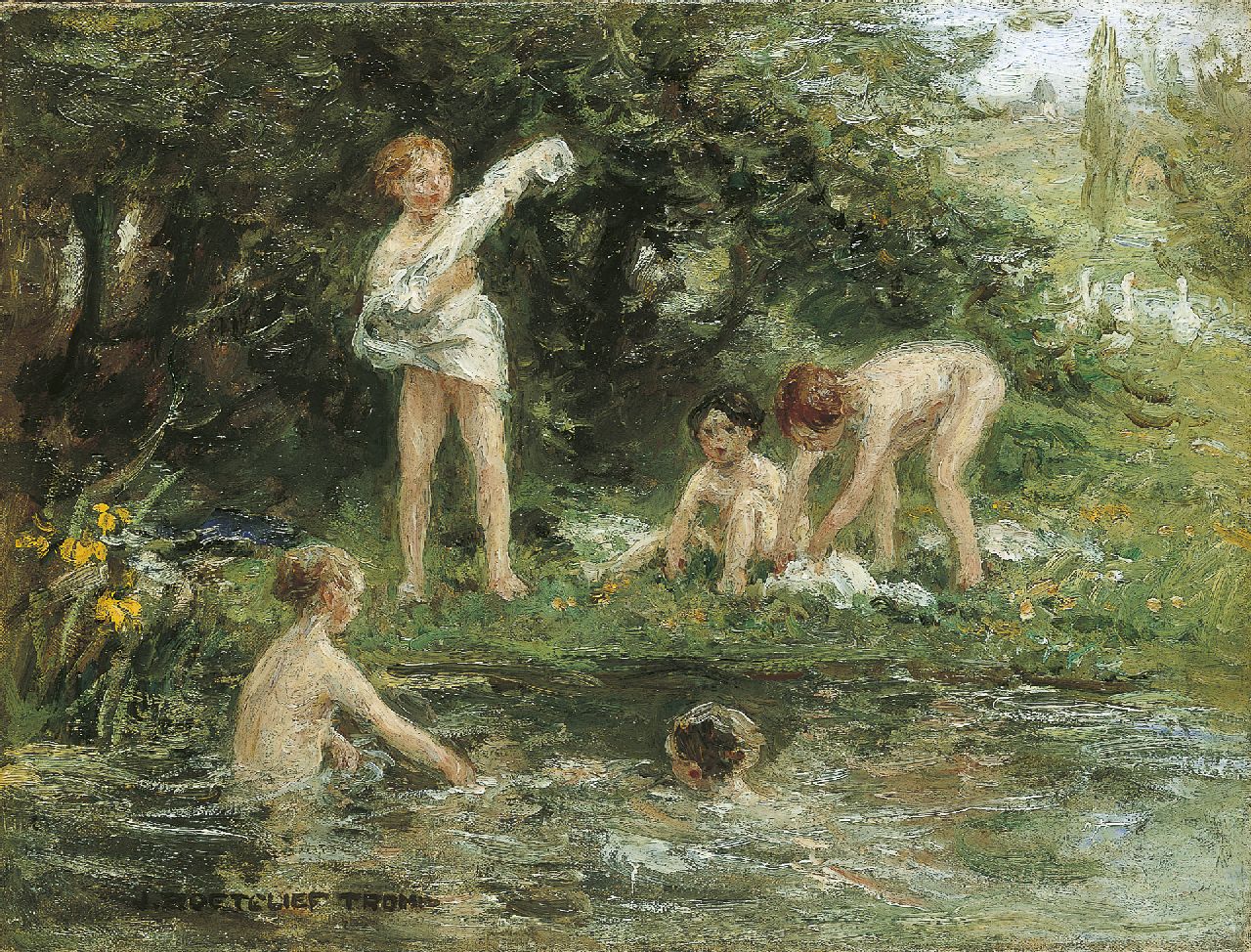 Zoetelief Tromp J.  | Johannes 'Jan' Zoetelief Tromp, Swimming in the creek, oil on canvas 30.5 x 40.5 cm, signed l.l.