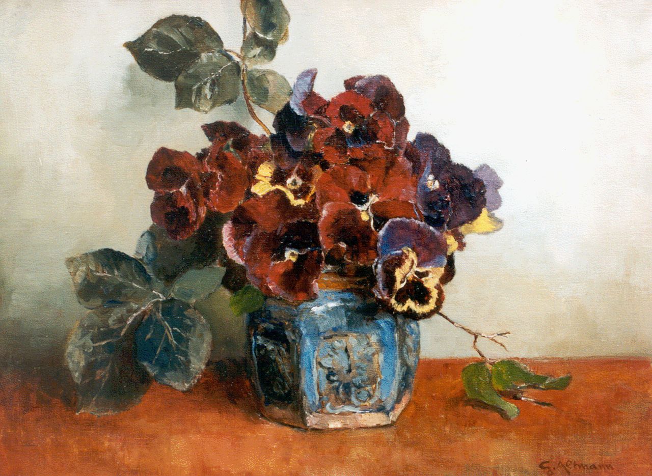 Altmann G.  | Gerard Altmann, Violets in a gingerjar, oil on canvas 30.0 x 40.0 cm, signed signed l.r.