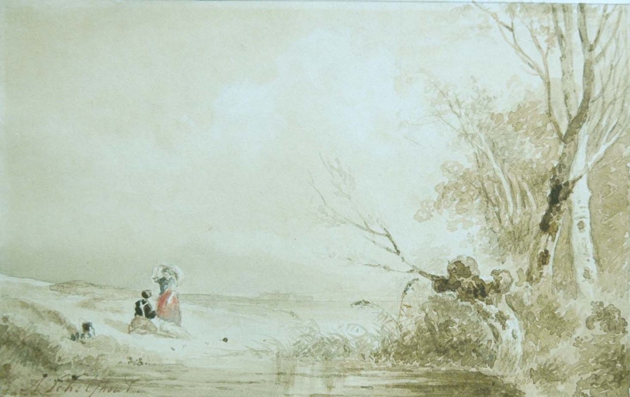 Schelfhout A.  | Andreas Schelfhout, Landvolk bij een ven, pencil, sepia and watercolour on paper 14.0 x 22.2 cm, gesigneerd linksonder