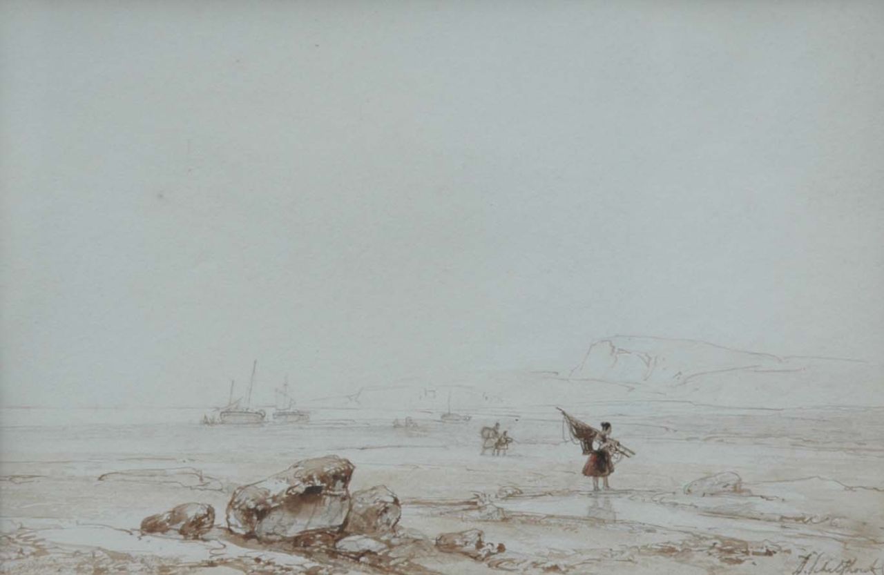 Schelfhout A.  | Andreas Schelfhout, Low tide, North France, pencil, brush in brown ink and watercolour on paper 16.5 x 24.0 cm, signed l.r.