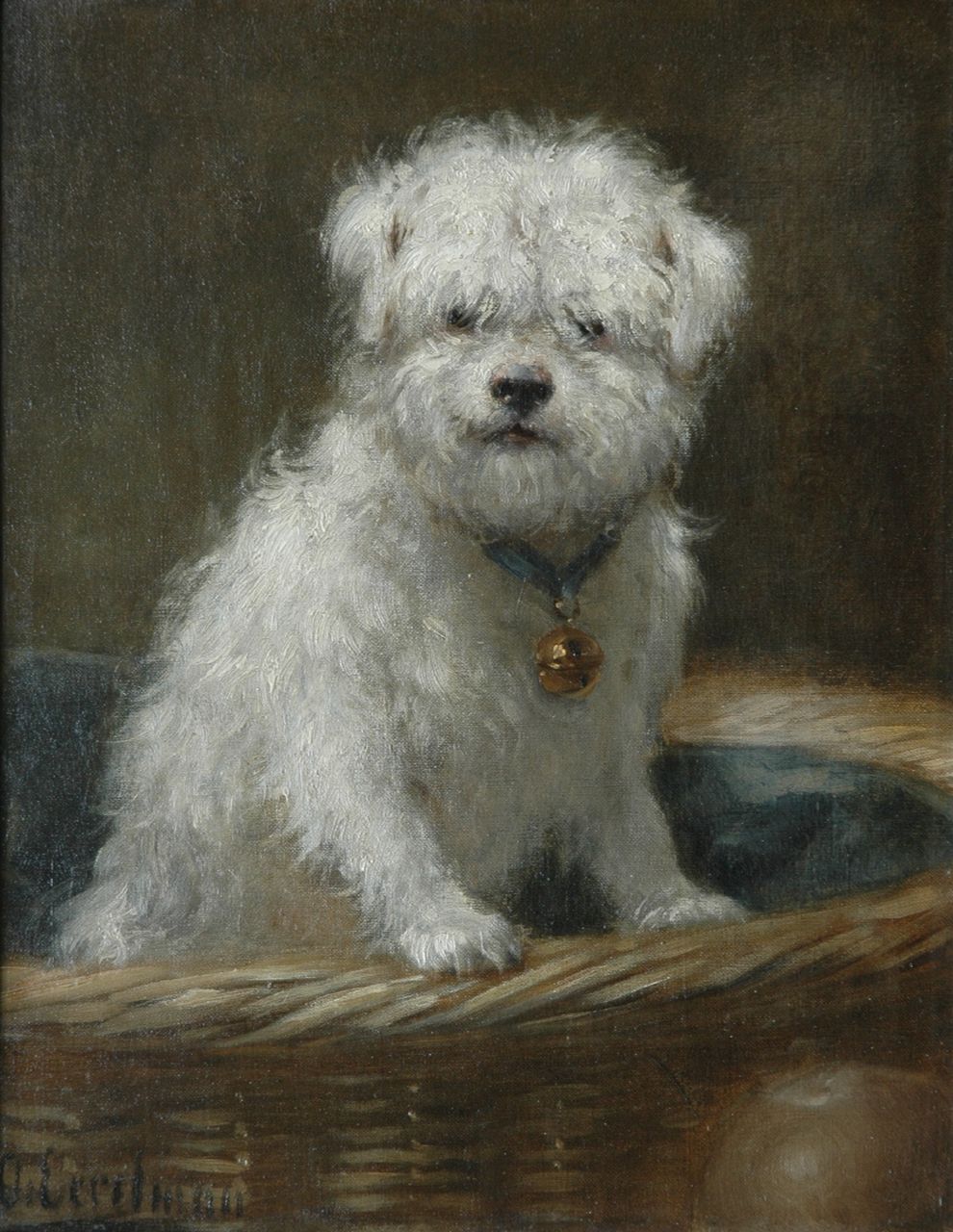 Eerelman O.  | Otto Eerelman, A bichon in a basket, oil on canvas 34.9 x 27.4 cm, signed l.l.