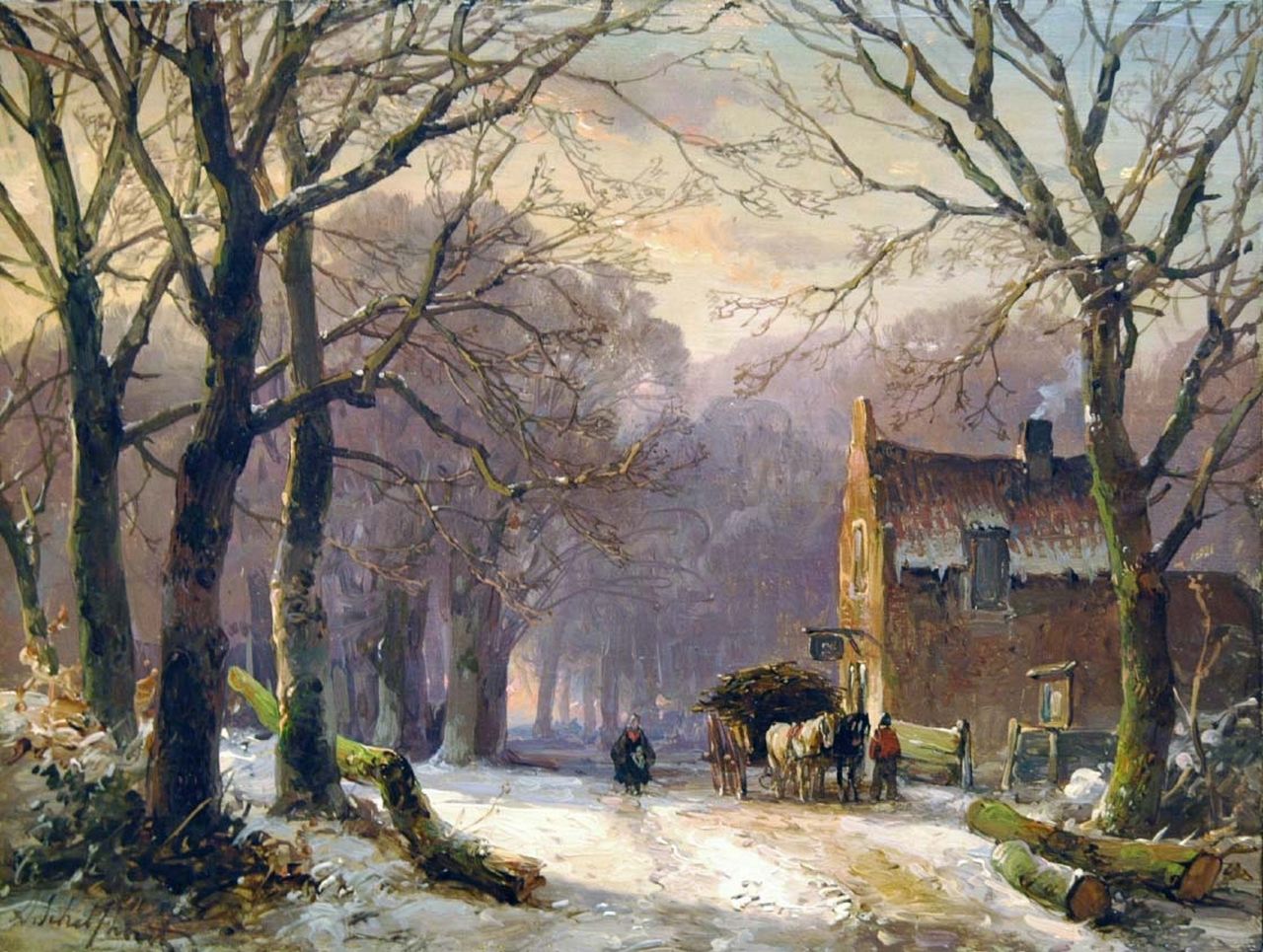 Schelfhout A.  | Andreas Schelfhout, Gathering wood in winter, oil on canvas 21.8 x 28.8 cm, signed l.l.